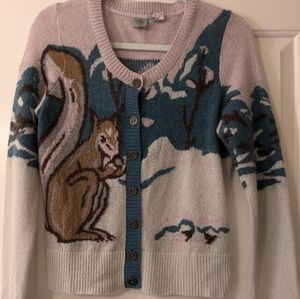Anthropologie HWR Squirrel Motif Sweater Sz M Time to Gather Green Brown Pink